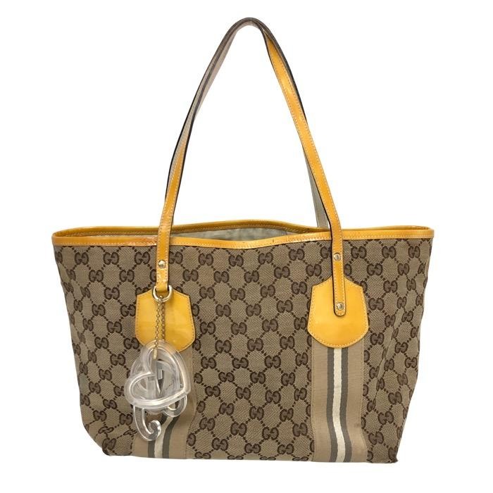 Gucci GG Canvas Tote Bag Web Stripe Brown Yellow Japan Model 211971