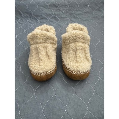 LL Bean Toddler Fleece Slippers Suede Sole Cream Tan 510713 Size 5-6