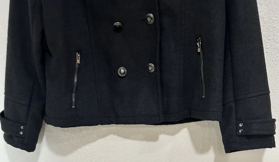 Abrigo de lana gris guisante American Rag para mujer XL gabardina recortada con capucha Y2K Foto 2 de 4