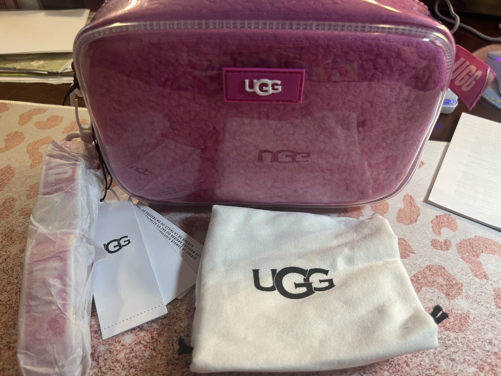 UGG Janey II Clear Sheepskin Plush Crossbody Belt Bag Purse Handbag Barbie Pink!