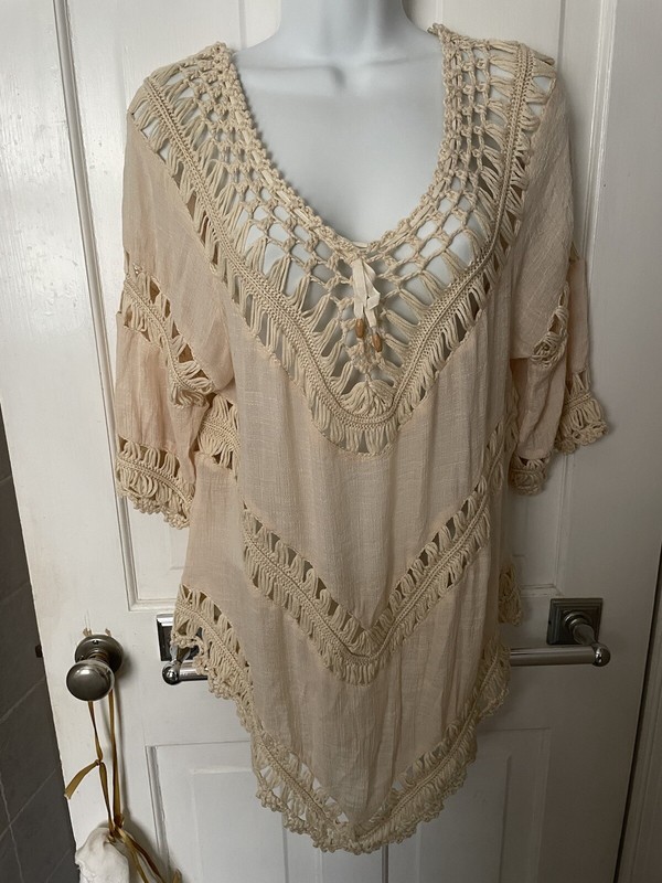 Boho Blouse Crochet Insets Off White Free Size Pre-owned Excellent Condition