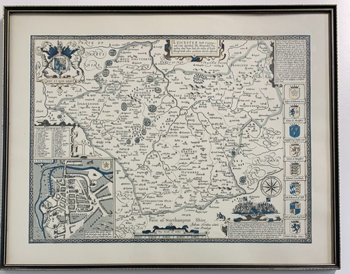 Framed Mounted Antique Map Leicestershire Hand Tinted- John Speed - Reproduction - Picture 2 of 12