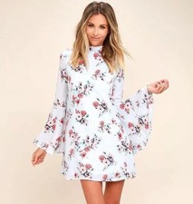 Lulus Light Blue Floral Print Shift Dress Flare Sleeve Sz M