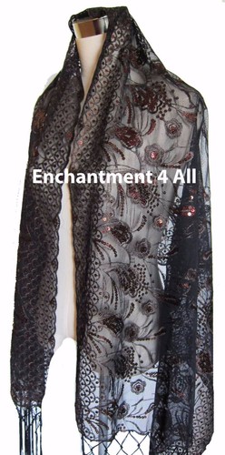 Sciarpa elegante oblunga in pizzo floreale con paillettes e frange, nero/marrone - Foto 3 di 5