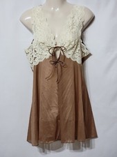 VINTAGE JOLIE NYLON LACE WRAP ROBE SHORT GOWN FRONT KEYHOLE MEDIUM BROWN BEIGE