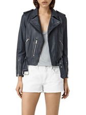 All Saints Wyatt Leather Biker Jacket Size Uk 6 Fit 8 Uk In Ink Blue Bnwt £318