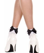 New Music Legs Opaque Ankle High Socks With Lace And Bow ML-546-WHITE/BLACK OS