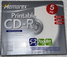 Memorex 5PK Printable White Blank CD-R 80min 700MB 52x New Factory Sealed