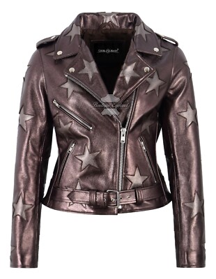 Damen Brando Style Shinny Copper Star Patches Biker Rindsleder Lederjacke
