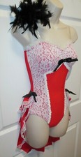 Red White lace trimmed dance costume Leotard w/Backskirt clear adjstbl straps
