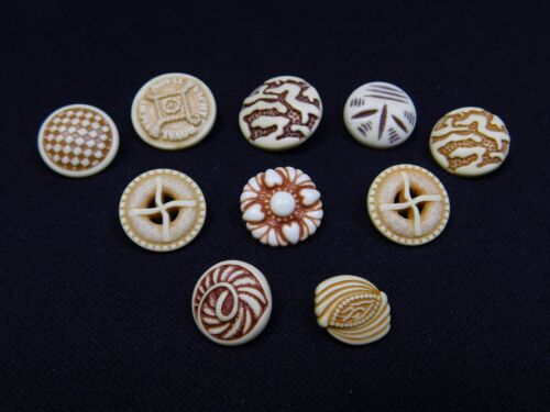 Set of 10 Vintage Carved Cream And Brown Plastic Shank Buttons