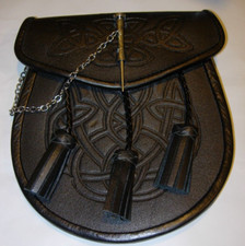 Mens Scottish Black Leather Celtic embossed Design Sporran Kilt Chain Belt purse