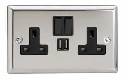 Varilight XC5U2SB Spiegel Chrom 2 Gang Doppel 13A Schaltstecker Steckdose 2,1A USB