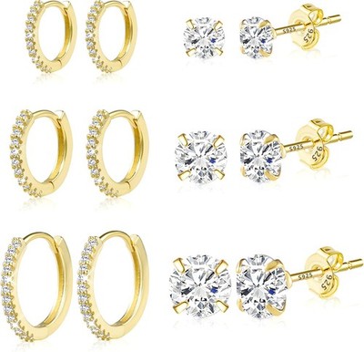Silber 925 Ohrstecker Zirkonia Set 14K Vergoldete Huggies