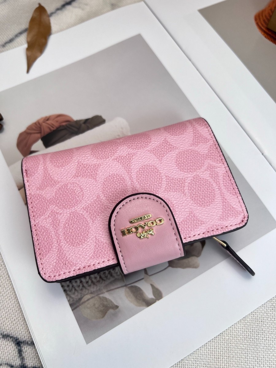 New Coach Medium Corner Zip Wallet In Signature Canvas Pink CW786