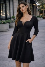 Azazie Black Fit & Flare Dress Square Neck 3/4 Sleeve Mesh Insert Sz 6