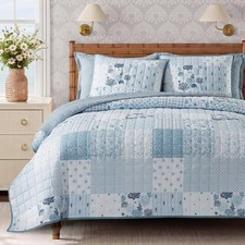 Quilt Set King Size, Patchwork Coastal Blue Floral Quilt Sets, Reversible Bed...