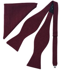 Wine Bow Tie and Pocket Square for Men Tuexdo Self-Tied Cotton Linen Bow Tie Set