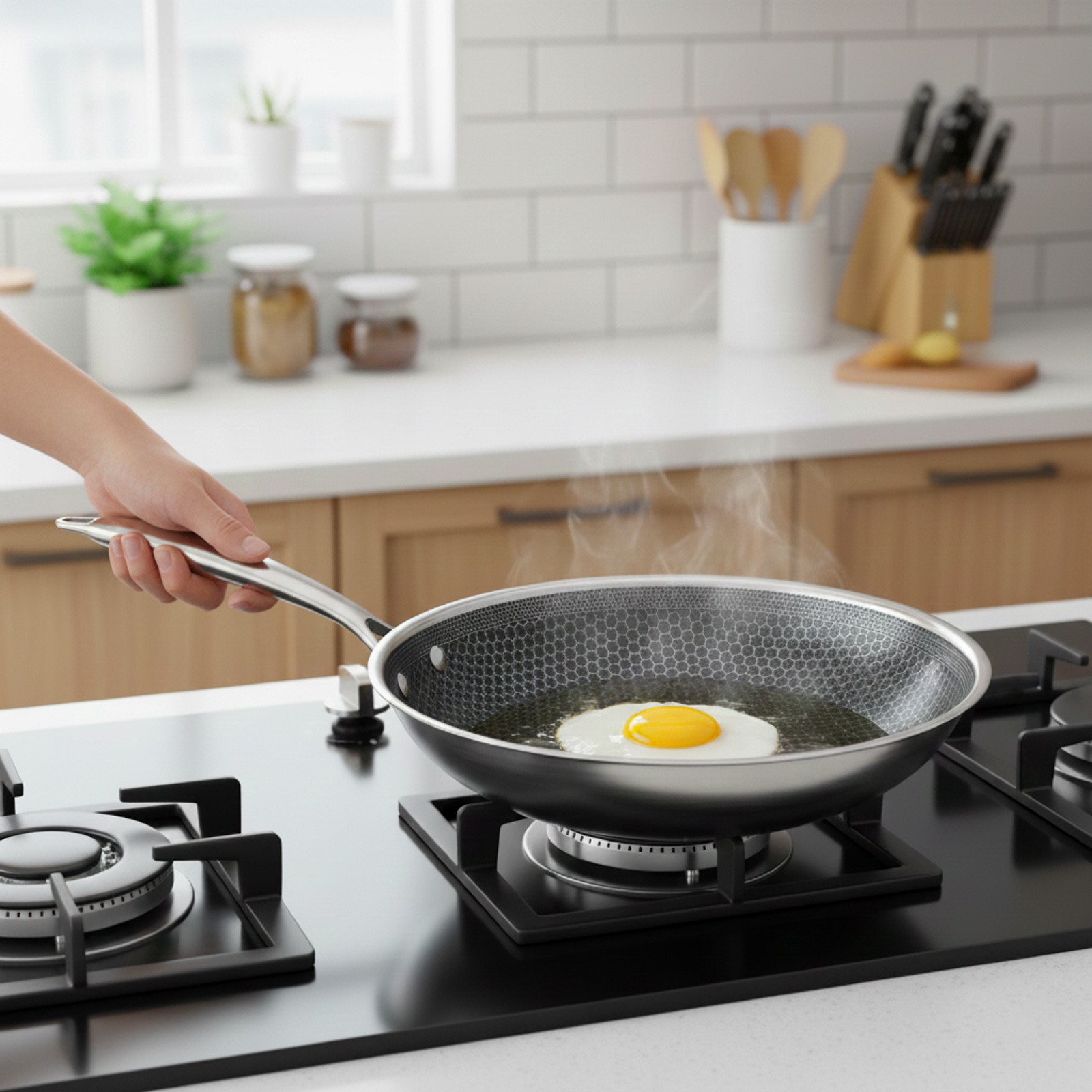 Wok 32 cm Cheffinger en acier inoxydable argenté avec revêtement nid d'abeille