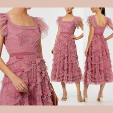 NWT Mac Duggal [ 12 ] 8272 Flutter Sleeve Lattice Bow Mesh Ruffle Dress S2186