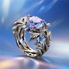 Elegant Blue Flower Ring for Women - Stylish Silver Leaf Design with Floral Acce