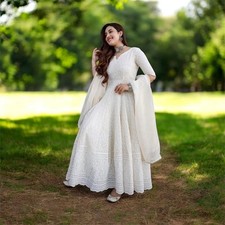Women's Cotton Chikankari Sequin Long Kurti with Chanderi Dupatta Set