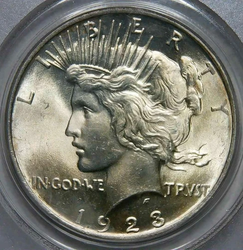 1923__MS 63 (OGH)__Peace Silver Dollar__PCGS Old Green Holder, Unc Coin