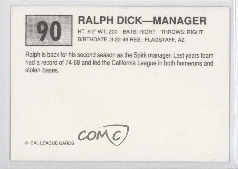 1989 Cal League California League Ralph Dick #90 - Image 2 of 2