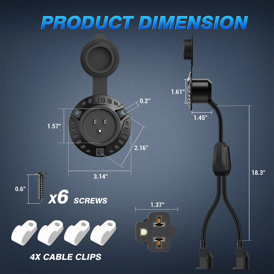 20A 125V AC Port Plug 5-in-1 T-Blade Adapter, w/Integrated Dual 20'' Extension - Image 2 of 4