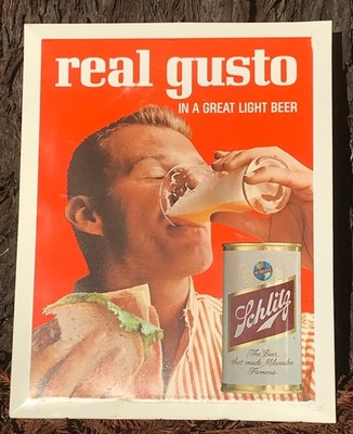 1962  Dated  Schlitz Tin Over Cardboard TOC Beer Sign Sandwich Buzzcut Milwaukee
