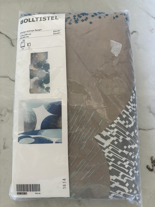 NEW IKEA Twin Duvet Cover & Pillowcase White Gray Tan Blue Bolltistel bed Set