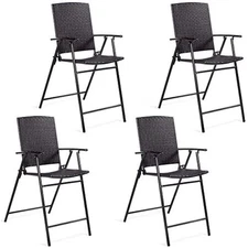 Folding Wicker Rattan Bar Chairs Set of 4, Tall Stool with Back, Steel