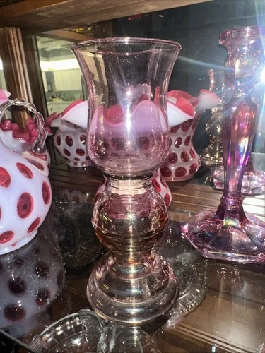 Fenton VTG Glass Hurricane Candleholder / Fairy Lamp Plum Iridescent HTF!!