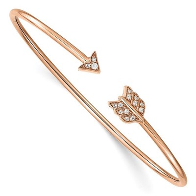 14k Rose Gold Polished 1/10 Ct Round Diamond Arrow Flexible Cuff Bangle Bracelet