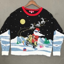 Santa Scooter Christmas Sweater Women XL Black 33 Degrees Sequin Reindeer Xmas