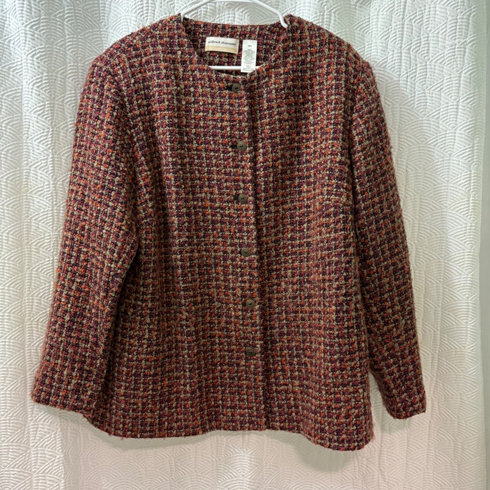 Alfred Dunner Women 18 Tweed Jacket Textured Button Front Multi Color Grannycore