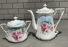 RS PRUSSIA Coffee Pot Sugar W Lid Roses Blue Gold Trim 7 Antique Porcelain