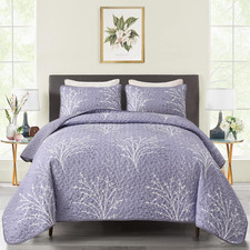 Purple Quilt Set King Size - Branch Botanical Pattern Bedspread Coverlet Set, 3