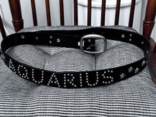 Y2K 90s Astrology AQUARIUS Italian Black Leather Belt Studded 50s Biker Old Navy