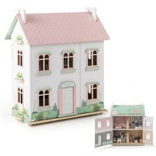 Kids Wooden Dollhouse w/ Double-Sided Roofs  Openable Doors Rich Furniture