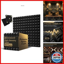 Focusound Acoustic Panels 50 Pack 2"x12"x12" Pyramid Foam Soundproofing Kit