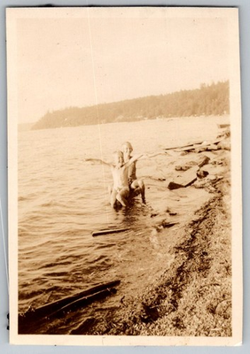 #ad Vtg Bamp;W Snapshot Two Boys Playing In Water At Beach On Log Shoreline August 1934 $7.99