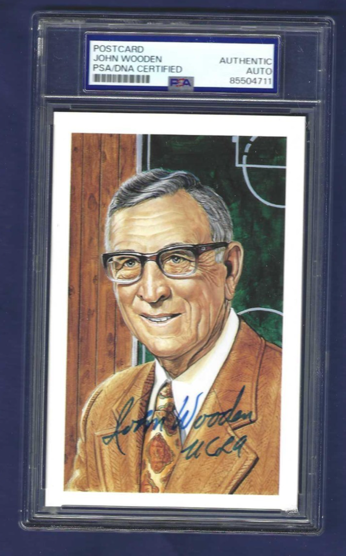 John Wooden Autographed Signed Postcard Photo UCLA Basketball HOF Coach PSA SLAB 