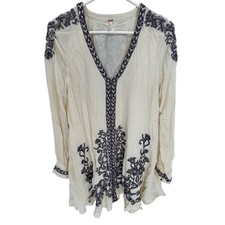 Free People Embroidered Tunic Dress Cream V Neck Long Sleeve Boho Size S