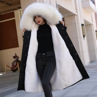 Women Faux Rabbit Fur Lined Thick Warm Parka Hooded Large Fur Collar Winter  Coat | eBay