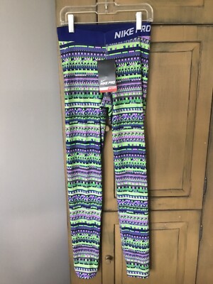 NWT Nike Pro Leggings Green Blue Dri-Fit Stay Warm Athletic Mid Rise Women s XS