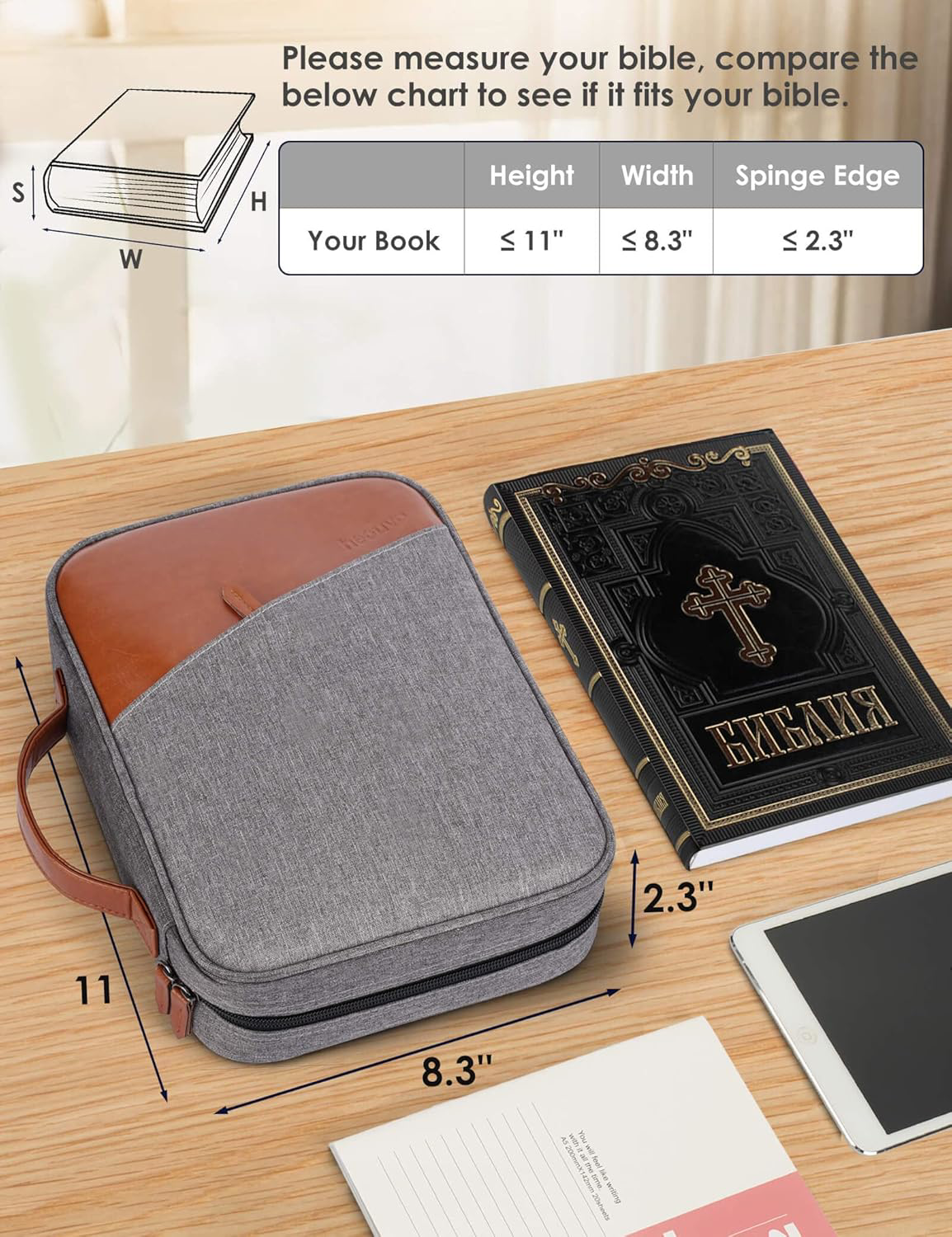 Durable Gray Zippered Bible Cover for Men with Pockets