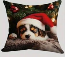 Puppy Santa Holiday Christmas Tree Linen Throw Pillow Cover Holiday Home Decor