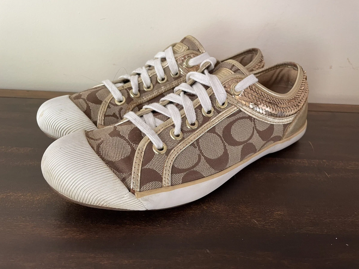 Coach Zorra Gold Sequin Logo Sneakers Low Athletic Shoes Women s