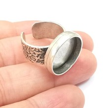 Round Antique Silver Ring Blank Setting, Cabochon Mounting Adjustable Resin Ring